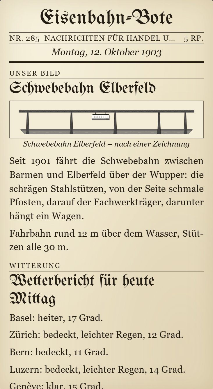 Die Titelseite der Morgenzeitung „Eisenbahn-Bote“ in Fraktur mit Holzstich und Wetterbericht
